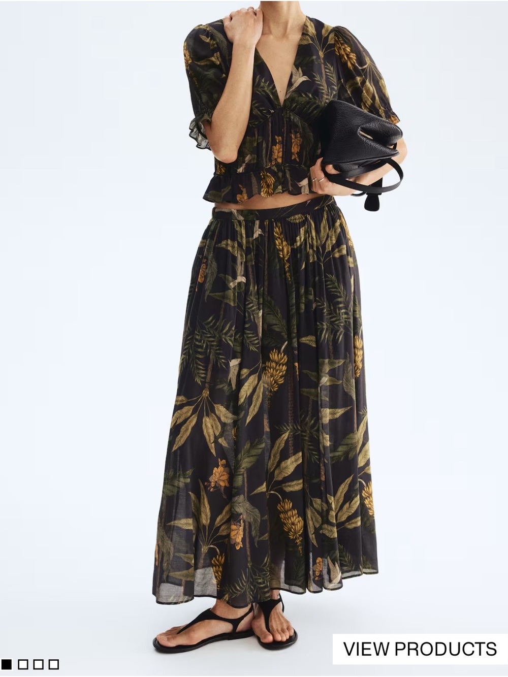 H&M Black Maxi Skirt with Olive and Gold Botanical Print